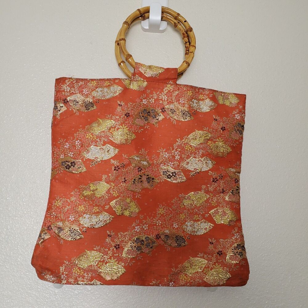 Vintage Orange Brocade Bamboo Handle Bag Gold Metallic Fan Floral Tote Handbag - Picture 2 of 16